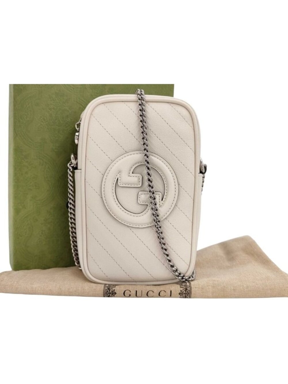 Gucci Shoulder Bag Blondie Mini Chain Cross White Leather Silver